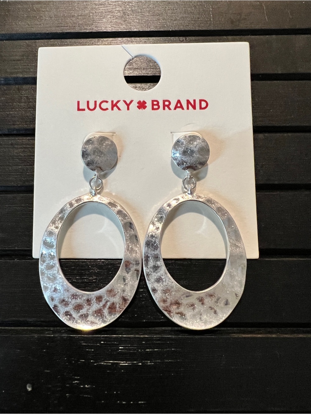 Lucky Brand Textured Silver Open Oval Drop Earrings